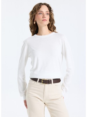 Limon Bisiklet Yaka Slim Fit Düz Ekru Kazak Kadın ML5WL-KZK-9002