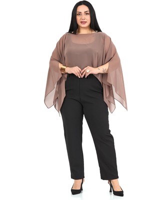 Disentis Modest Büyük Beden Asimetrik Kesim Şifon Vizon Pelerin Bolero