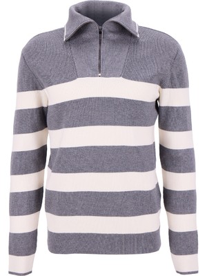 Fabrika Bato Yaka Slim Fit Çizgili Gri Melanj Erkek Kazak F5WM-KZK 2302