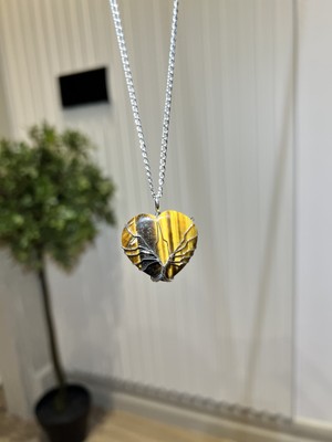 Taşmeran Kaplangözü Telli Büyük Kalp Doğal Taş Kolye TKY0370