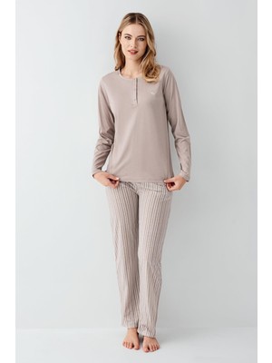 Arnetta Kadın Vizon Yakası Düğmeli Pijama Takım, Alt Pijama Cepli ve Çizgili, %100 Pamuk