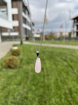 Taşmeran Pembe Kuvars Damla Doğal Taş Kolye TKY0365