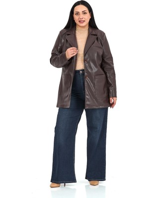 Disentis Modest Büyük Beden Torba Cepli Düğmeli Astarlı Koyu Kahverengi Suni Deri Ceket