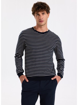 Fabrika Bisiklet Yaka Slim Fit Çizgili Lacivert Erkek Kazak F5WM-KZK 2306