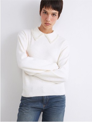 LC Waikiki Izr Yeni Sezon Polo Yaka Boncuk Işlemeli Kadın Triko KAZAK_8684686331461