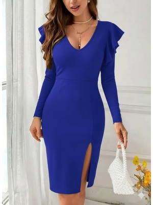 Arben Boutique Kadın Uzun Kollu V Yakalı Yandan Yırtmaçlı Midi Ithal Krep Elbise