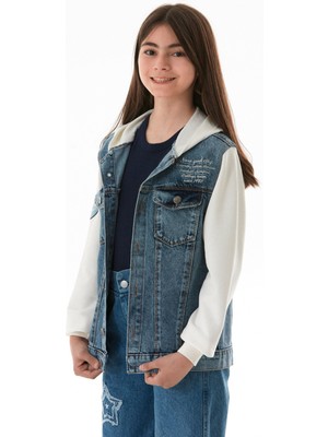 FullaModa Yazı Nakışlı Kolu ve Kapüşonu Penye Kız Çocuk Ceket