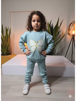 Şimo Butik Kız Çocuk Alt Üst Takım Kolu Fırfırlı El Nakışı Kabartma Çiçek %100 Pamuk