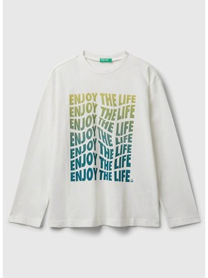 Benetton Baskılı Ekru Erkek Çocuk T-Shirt 35RYC10QQ