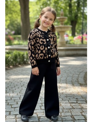 FullaModa Leopar Desenli Fiyonklu Kız Çocuk Hırka