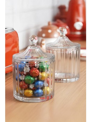 iselahome Eliston Kapaklı Cam Şekerlik ve Kavanoz – Çizgili Şeffaf Cam Tasarım 500 ml
