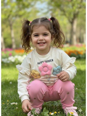 Şimo Butik Kız Çocuk Alt Üst Takım Kolu Fırfırlı El Nakışı Kabartma Çiçek %100 Pamuk