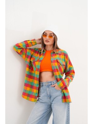 Mamayaga Kadın Desen Bloklu Oduncu Oversize Bol ve Geniş Kalıp Casual Cepli Yakalı Ceket Gömlek