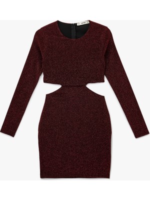 Koton Uzun Kollu Bisiklet Yaka Simli Pencere Detaylı Mini Elbise