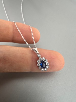 Zeta Jewel 925 Ayar Gümüş Oval Safir Taşlı Kolye 40+5 Ayarlanabilir Zincir-premium Seri
