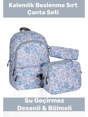 Enenstyle Fermuarlı Geniş 1.kalite Su Geçirmez Desenli Bölmeli Üçlü Okul Kalemlik Beslenme Sırt Çanta Seti