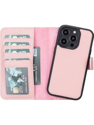 AbbasShop Apple iPhone 14 Pro Uyumlu Deri Cüzdanlı Kılıf Mwwn Nu2 Pembe