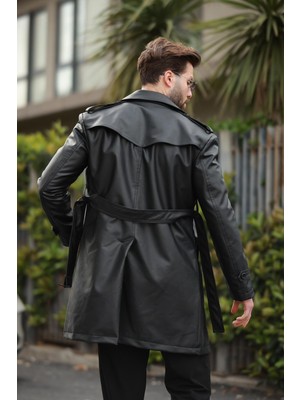 papucumun dünyası Uzun Beli Kemerli Apoletli Deri Trençkot & Pardesü