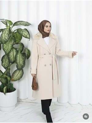 Şengül Kadın Büyük Beden Astarlı Yaka Kürklü Örme Kaşe Kaban