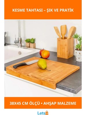 Letsii Doğal Ahşap Tezgah Üstü Kesme Tahtası Küçük Boy 38X45 cm