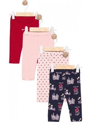 Divonette Kız Bebek Pembe Desenli 4’lü Likralı Pamuklu Tayt Normal Bel Yumuşak ve Rahat Kullanım