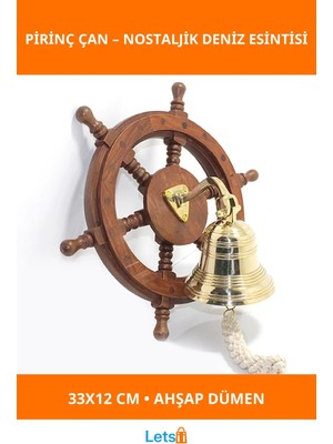 Letsii Duvara Asmalı Ahşap Dümenli Pirinç Çan 33X12 cm Dekoratif Aksesuar