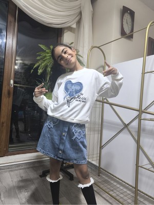 Şimo Butik Kız Çocuk Kot Etekli Takım(Sweatshirt+Beli Lastikli Kısa Kot Etek) Kurdele Mavi