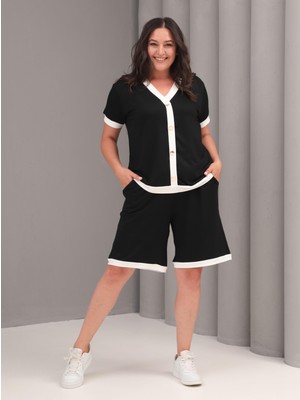 Şans Kadın Büyük Beden Siyah-Beyaz, V Yaka, Süs Düğmeli Üst, Paça Detaylı Cepli Şort 2li Takım 65N39066