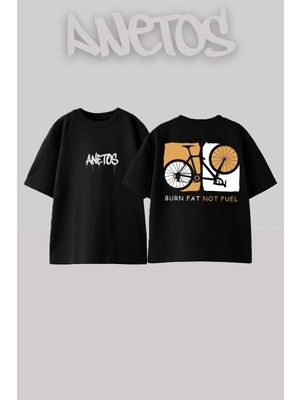 Anetos Ride 3 Tasarım Sırt Baskılı Pamuk Siyah Oversize T-Shirt