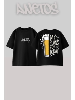 Anetos Beer 1 Tasarım Sırt Baskılı Pamuk Siyah Oversize T-Shirt