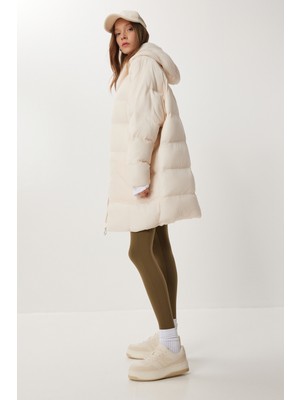 Happiness İstanbul Kapüşonlu Oversize Şişme Mont LNT0014 Krem