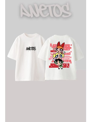Anetos Gırls Power Tasarım Sırt Baskılı Pamuk Beyaz Oversize T-Shirt