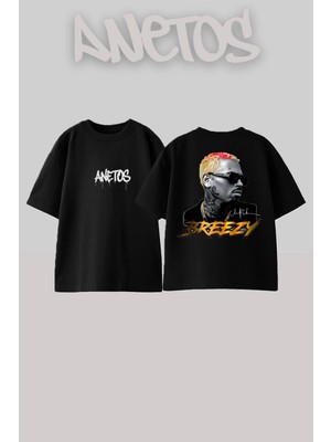 Anetos Breezy Tasarım Sırt Baskılı Pamuk Siyah Oversize T-Shirt