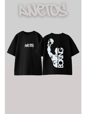 Anetos Boxing Tasarım Sırt Baskılı Pamuk Siyah Oversize T-Shirt