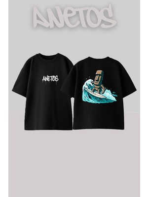Anetos Sorf Yapan Heykel Tasarım Sırt Baskılı Pamuk Siyah Oversize T-Shirt