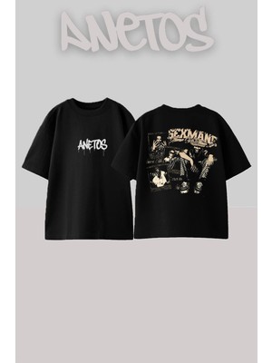 Anetos Sexmane Tasarım Sırt Baskılı Pamuk Siyah Oversize T-Shirt