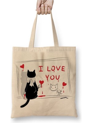 Toyaso Kedi Cat Love Sevgili Beyaz Bez Çanta Uzun Saplı Alışveriş Çantası Plaj Çantası