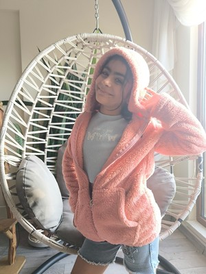 Şimo Butikkız Çocuk Peluş Polar Hırka Kapşonlu Fermuarlı Cepli Pembe Beyaz Siyah Mor Gül Kurusu