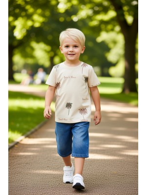 PayBuy Erkek Çocuk Tropikal Baskılı Pamuklu Kısa Kollu Tişört ve Jean Şort Takımı Kaliteli Şık Rahat