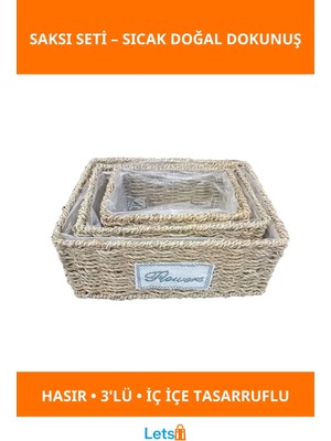 Letsii Doğal Hasır Dikdörtgen Saksı Seti 3 Parça Estetik Dekorasyon