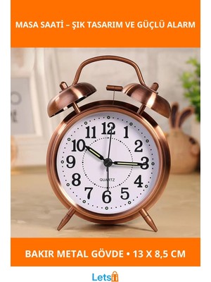 Letsii Bakır Metal Alarmlı Masa Saati 13 cm Şık ve Fonksiyonel