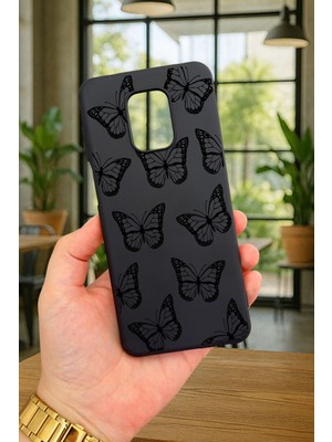 Vip Case Redmi Note 9pro/9s Uyumlu Siyah Kelebek Desenli Silikon Darbe Emici Klasik Korumalı Rubber Kılıf