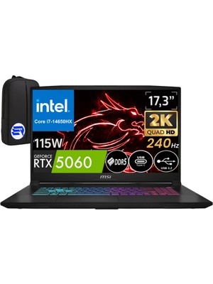 MSI Katana 17 Hx B14WFK-248XTREP11 I7-14650HX 64GB 2tb SSD RTX5060 115WATT 17.3'' 2k Qhd 240Hz WIN11 Pro + Elektropasaj Çanta