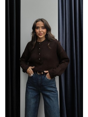 Havoş Acı Kahve Üstte Düğmeli Kazak