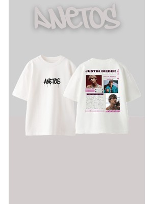 Anetos Justın Bıeber 1 Tasarım Sırt Baskılı Pamuk Beyaz Oversize T-Shirt