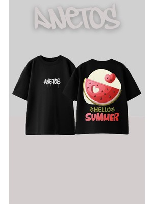 Anetos Hello Summer Tasarım Sırt Baskılı Pamuk Siyah Oversize T-Shirt