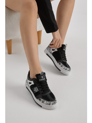 Tonny Black Unisex Siyah Beyaz Fileli Bağcıklı Spor Ayakkabı Termo Taban ile Konforlu Kullanım