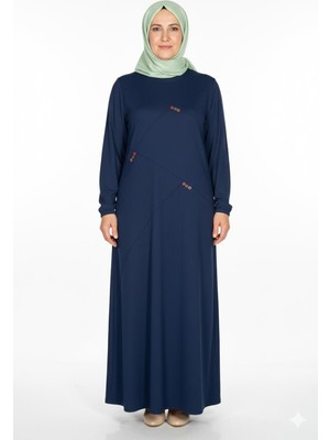Hermevsim Hesna Kadın Deren Büyük Beden Düğme Detaylı Fitilli Indigo Elbise