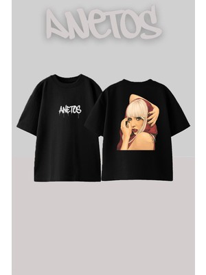 Anetos Lady Gaga 4 Tasarım Sırt Baskılı Pamuk Siyah Oversize T-Shirt