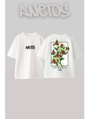 Anetos Flowers Tasarım Sırt Baskılı Pamuk Beyaz Oversize T-Shirt